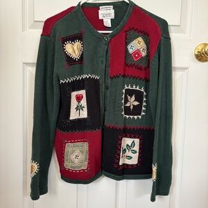 Christopher & Banks Green and Red Hand Embroidered Cardigan